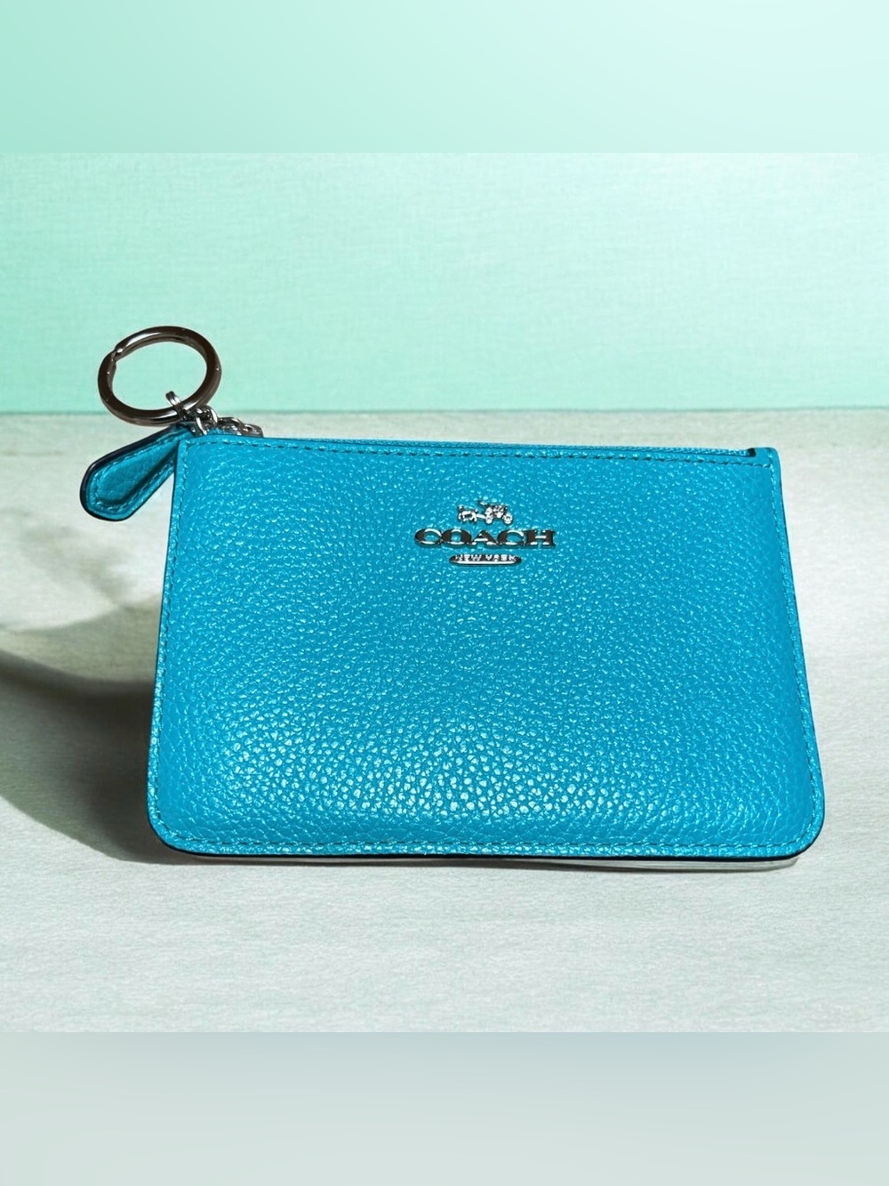 Coach Turquoise Pebbled Leather Zip Card Holder w/ Key Ring-S# C1681 5566